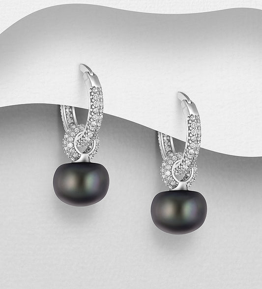 925 Sterling Silver Hinged-Back Earrings, Decorated with Freshwater Pearls and CZ Simulated Diamonds
