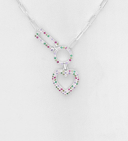 925 Sterling Silver Necklace with Heart, Circle and Rectangle, Decorated with Colorful CZ Simulated Diamonds
