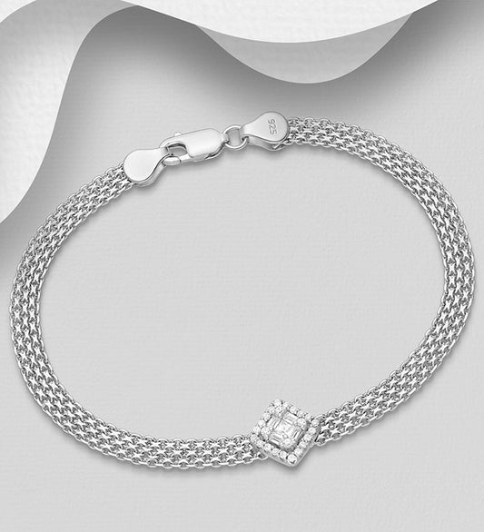 925 Sterling Silver Chain Bracelet, Decorated with CZ Simulated Diamonds
