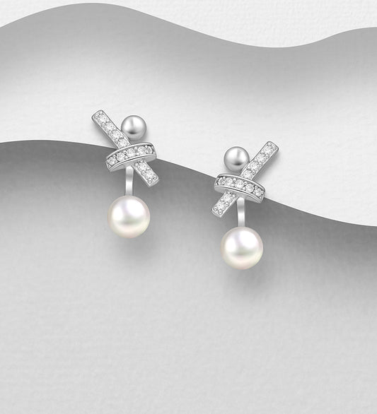 925 Sterling Silver Bow Push-Back Earrings, Decorated with Freshwater Pearls and CZ Simulated Diamonds