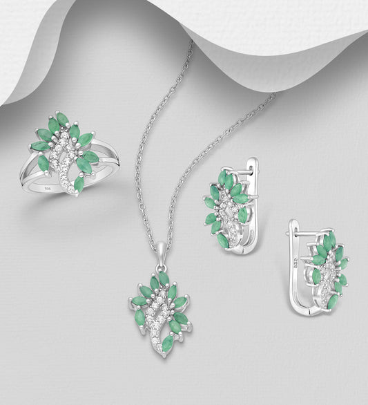 La Preciada - 925 Sterling Silver Omega Lock Earrings, Pendant and Ring Jewelry Set, Decorated with Emerald & White Topaz