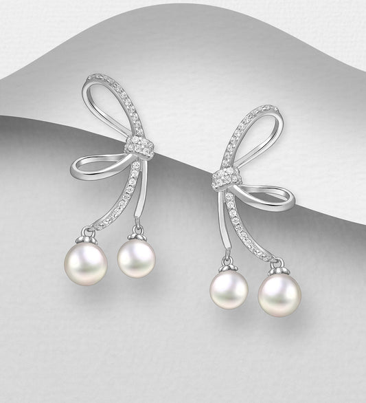 925 Sterling Silver Bow Push-Back Earrings, Decorated with Simulated Pearls and CZ Simulated Diamonds