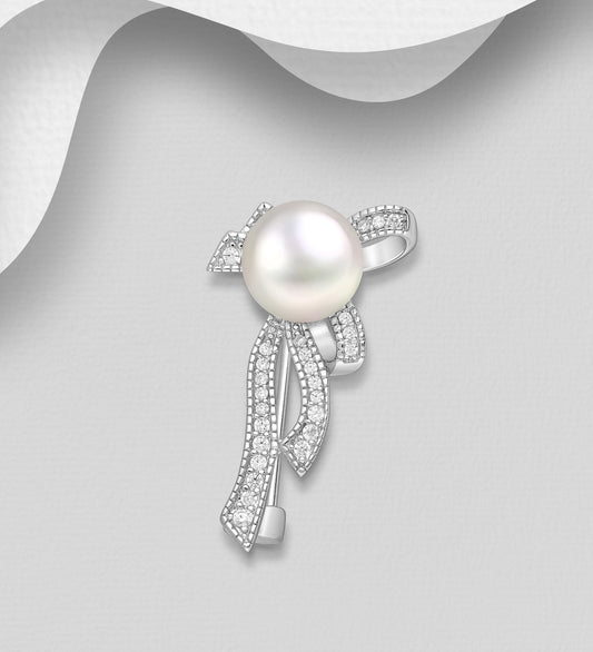 925 Sterling Silver Bow Brooch, Decorated with Freshwater Pearl and CZ Simulated Diamonds
