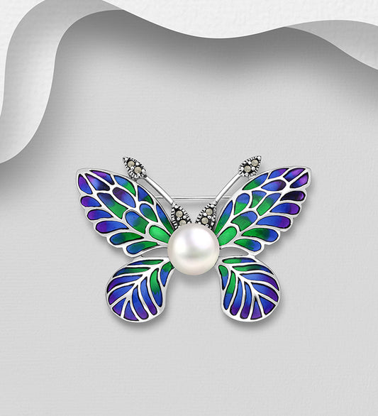 925 Sterling Silver Butterfly Brooch, Decorated with Colored Enamel, Freshwater Pearl and Marcasite