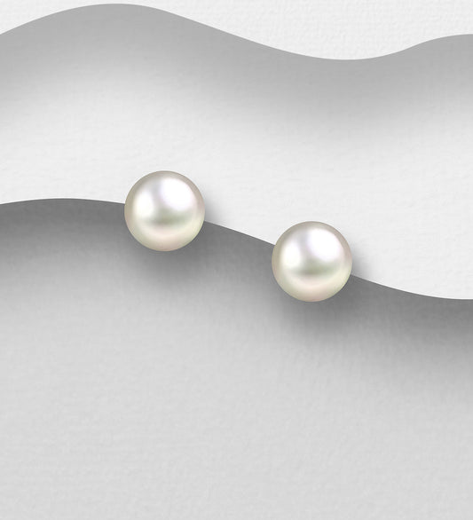 925 Sterling Silver Push-Back Earrings, Decorated with 7-7.5 mm Diameter AAA Freshwater Pearls