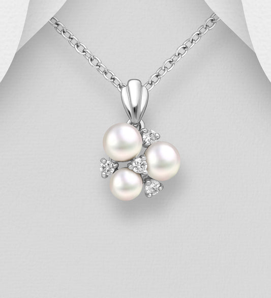 925 Sterling Silver Pendant, Decorated with Freshwater Pearls and CZ Simulated Diamonds