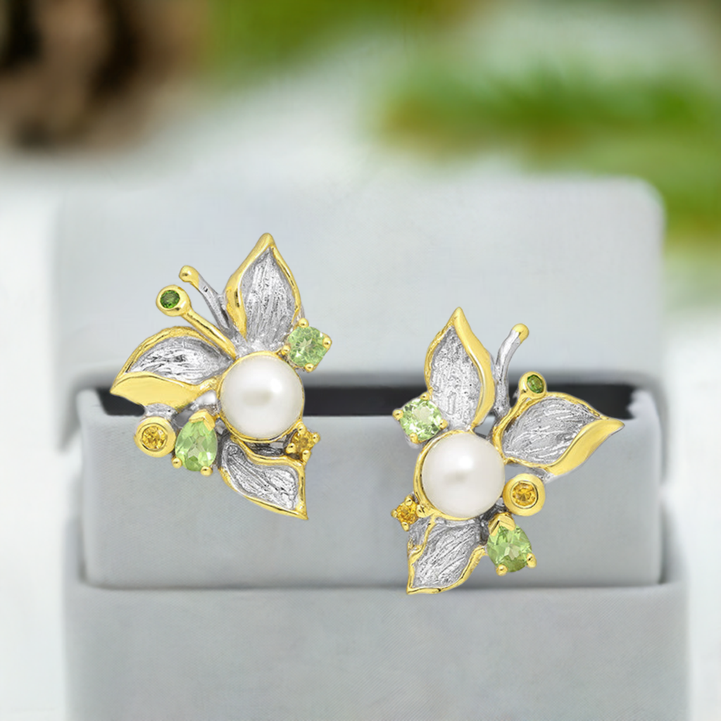 ADIORE - 925 Sterling Silver Leaf Omega Lock Earrings, Freshwater Pearls, Yellow Sapphires, Chrome Diopside and Peridots, Pl.3 Micron 22K Yellow Gold